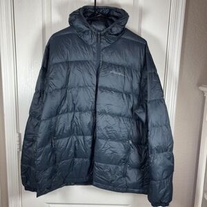 Eddie Bauer Men's XXL Hooded Down Jacket Navy Wide Channel Nylon Zip Pockets EUC